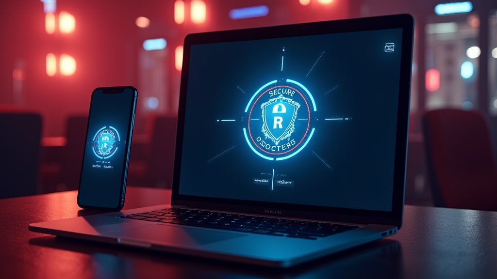 Schermo di login su laptop e smartphone in un ambiente da gioco scuro